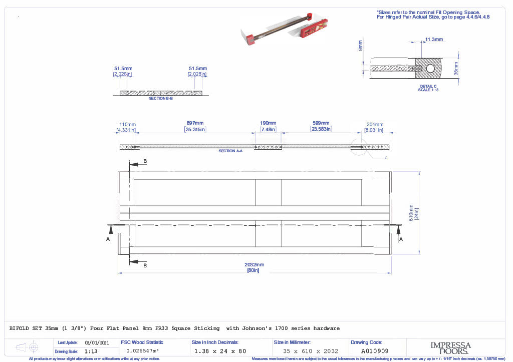 2 Panel Flat Bifold Primed 6'8" (80") 1-3/8